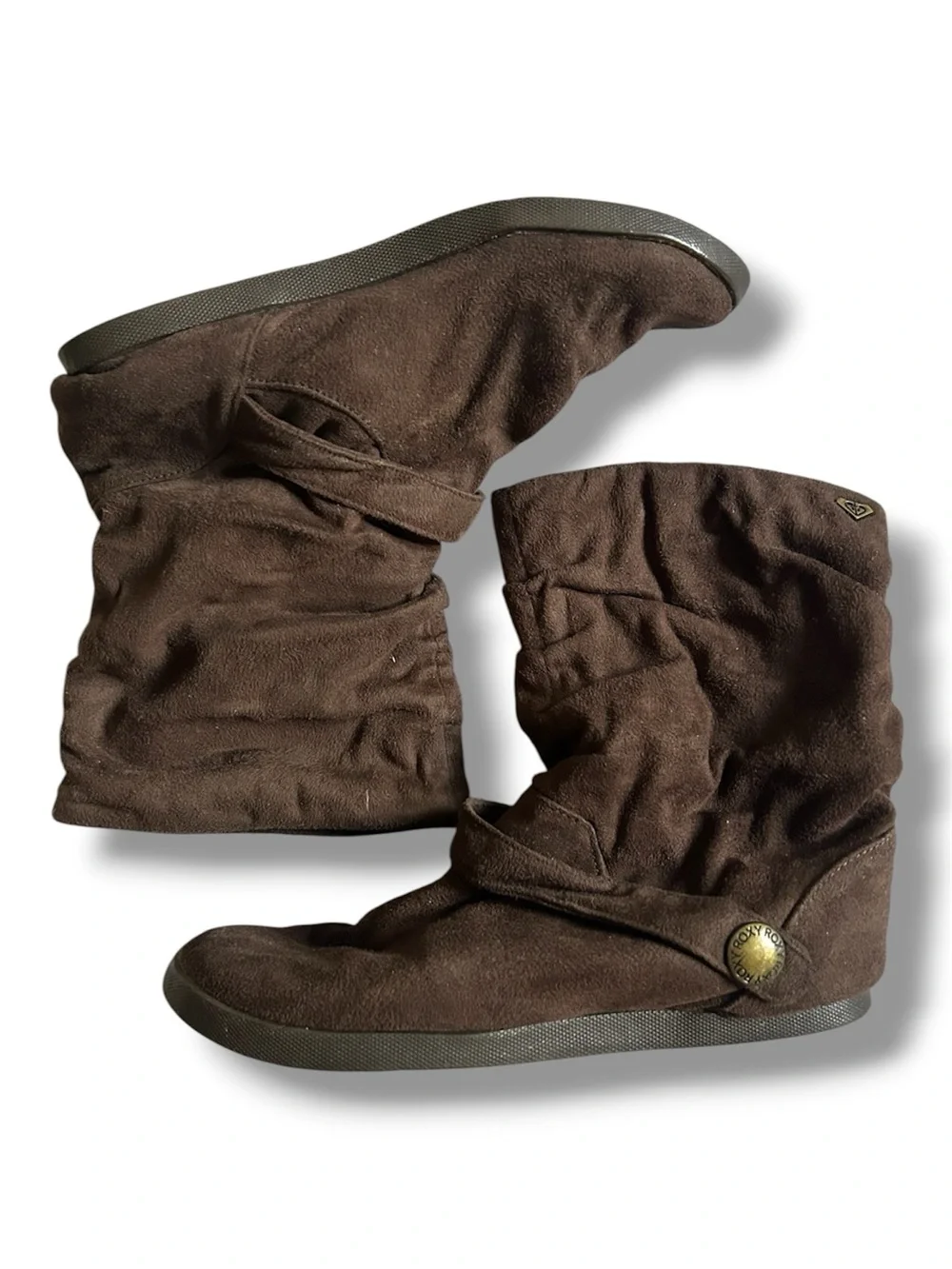 ROXY Chocolate Brown MicroSuede Slouch Ankle Boots Button Strap Logo Accents 6.5